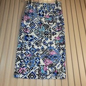 Snap Women Geometric Tribal Print Pencil Skirt Blue Purple Midi Stretch Medium